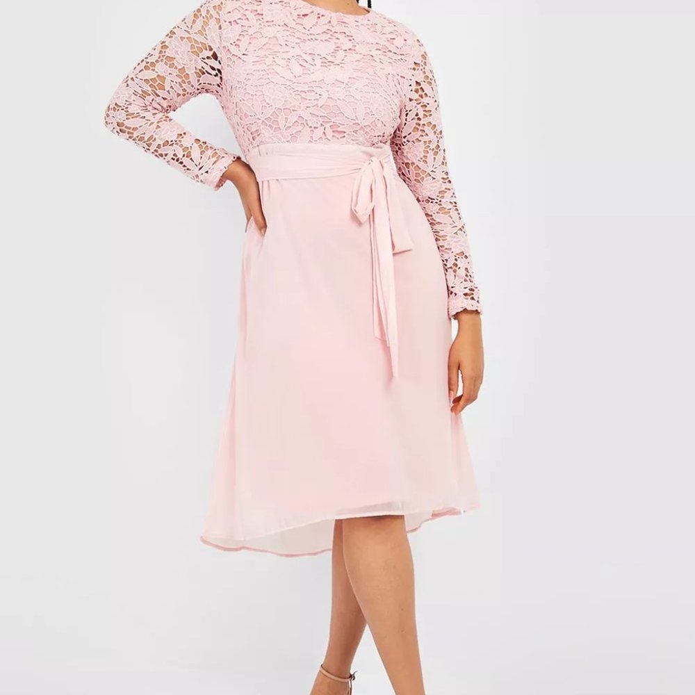 Boohoo Pink Lace Midi Dress with Sheer Lace Sleeves - Super Pretty - Sz 18 NWT